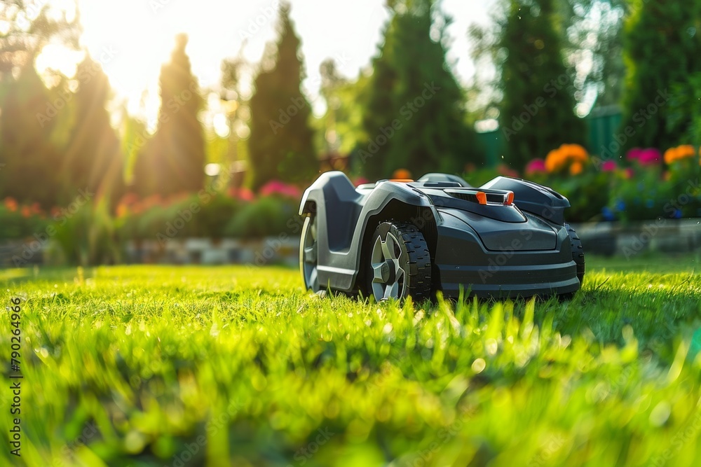Autonomous Robotic Lawn Mower Mowing Green Grass at Sunset Autonomous Robotic Lawn Mower Mowing Green Grass at Sunset