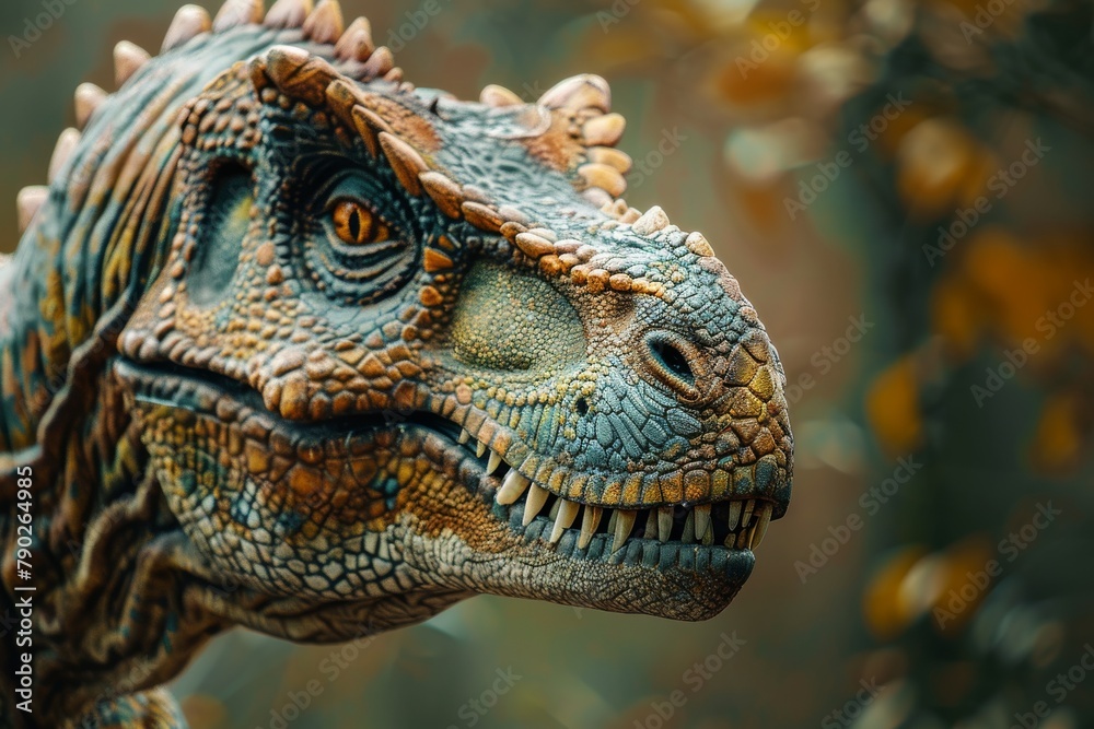 Fototapeta premium This striking image highlights the rich textures and patterns on a dinosaur head sculpture against a soft bokeh