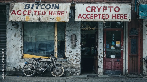 Vintage Storefront Advertising Bitcoin and Crypto Payment Acceptance photo