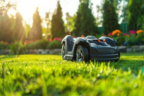 Autonomous Robotic Lawn Mower Mowing Green Grass at Sunset