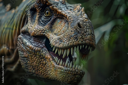 The intense image of a roaring dinosaur model exhibits meticulous details and evokes a primal feeling