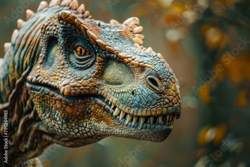 This striking image highlights the rich textures and patterns on a dinosaur head sculpture against a soft bokeh