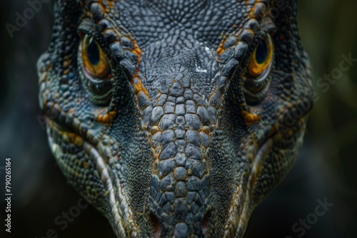 This image highlights the vivid textures and penetrating eyes of a meticulously designed dinosaur's face, giving a feel of its presence © ChaoticMind