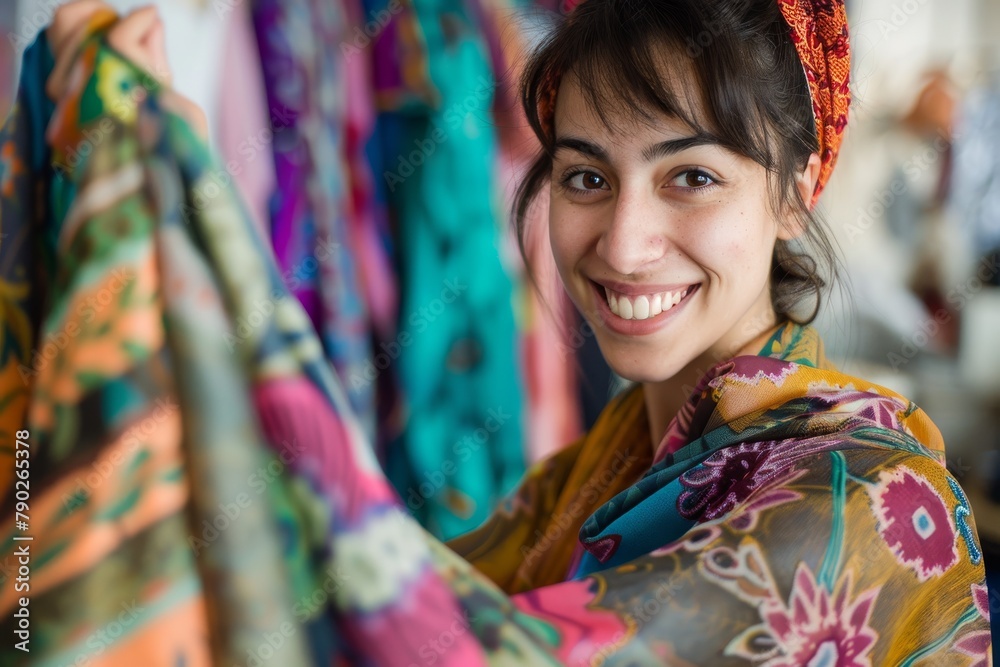 A happy young woman is selecting fabrics with vibrant patterns possibly for clothing or home decor