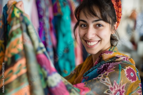 A happy young woman is selecting fabrics with vibrant patterns possibly for clothing or home decor © ChaoticMind