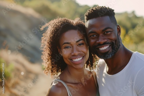 Portrait of Smiling African American Couple Enjoying Outdoor Adventure on a Nature Trail in Summer