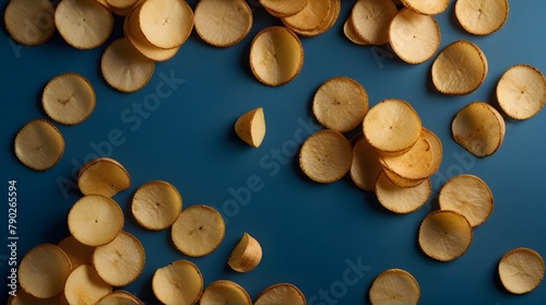 Golden and crispy potato chips on blue background .Generative AI
