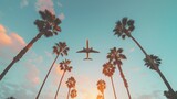 A serene scene of an airplane flying high above a tranquil oasis of palm trees, against a backdrop of a clear, azure sky tinged with the warm glow of sunset