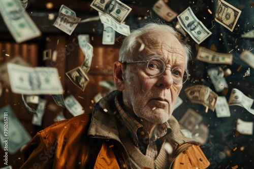 A stunning image capturing a man in an orange jacket amid a whirlwind of falling dollar bills © ChaoticMind