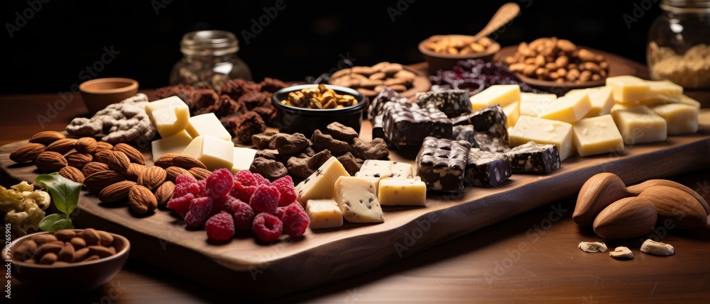A wooden board with a variety of cheeses, nuts, and fruits. A wooden board with a variety of cheeses, nuts, and fruits.