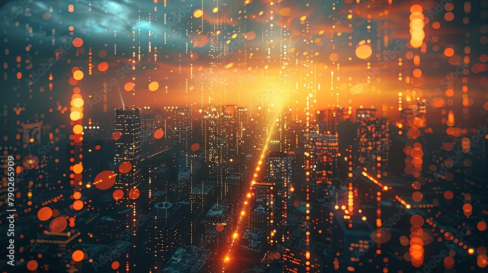 The sunset over a bustling city skyline is beautifully transformed with digital rain, symbolizing the intersection of nature and technology.