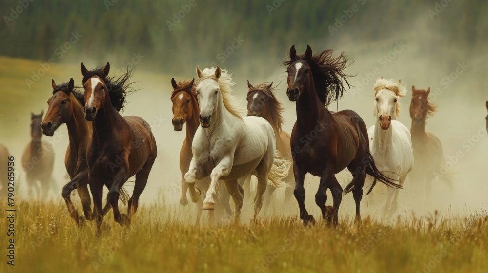 Herd of Wild Horses Running Free Across the Plains