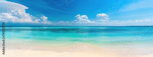 A breathtaking photograph of secluded white sand beach, with vibrant turquoise waters and clear blue skies, offering ample space for text placement
