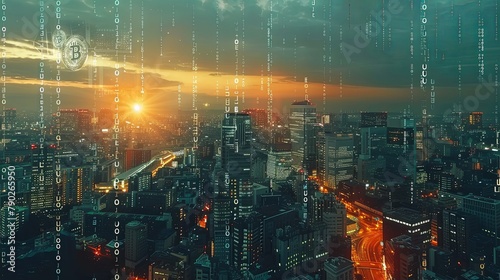 An urban dawn backdrop with digital cryptocurrency symbols, including Bitcoin, integrated into a matrix of binary code, illustrating the intersection of urban life and digital finance.