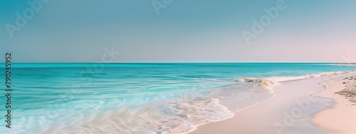 A breathtaking photograph of secluded white sand beach, with vibrant turquoise waters and clear blue skies, offering ample space for text placement © anupdebnath