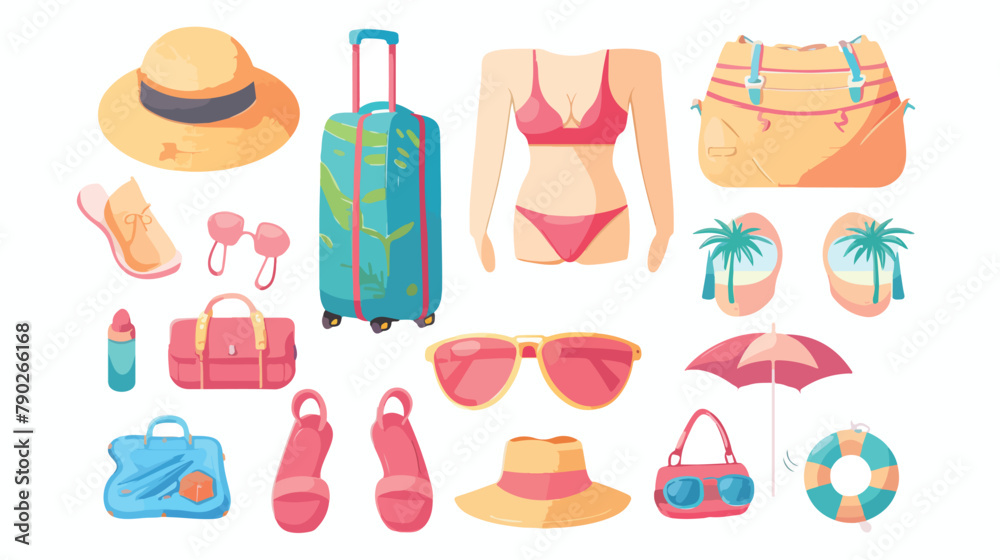 Beach stuff for summer travel set. Vacation accesso