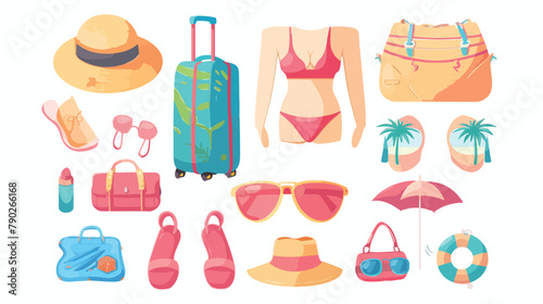 Beach stuff for summer travel set. Vacation accesso