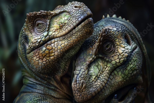Captured is a touching moment between two dinosaur replicas showing what looks like interaction or affection
