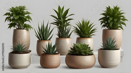 Collection of beautiful plants in ceramic pots .Generative AI