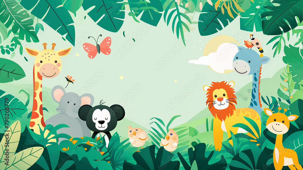 Obraz premium Background illustration featuring charming jungle animals, with generous space surrounding them for text