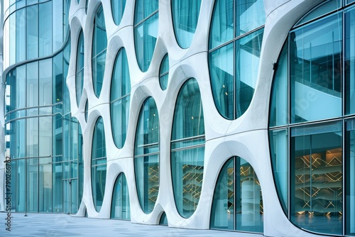 A unique contemporary building displaying an organic shaped facade that intertwines with the glass, creating a seamless architectural design.