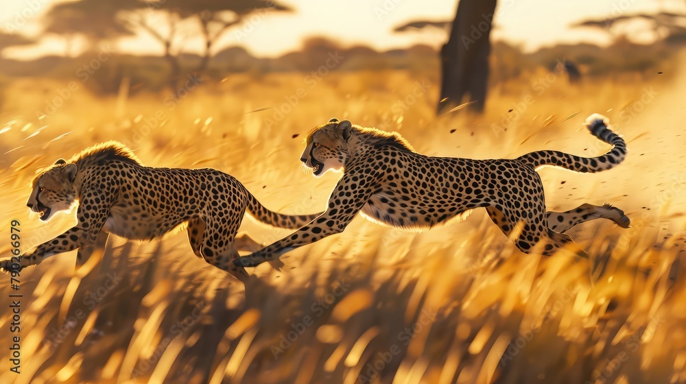 A pair of sleek cheetahs sprinting across the African savanna in pursuit of elusive prey, 