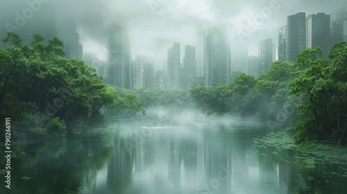 A serene lake shrouded in mist nestles among vibrant green trees with the backdrop of a towering city skyline, blending nature and urban life. photo