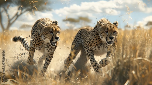 A pair of sleek cheetahs sprinting across the African savanna in pursuit of elusive prey,  photo