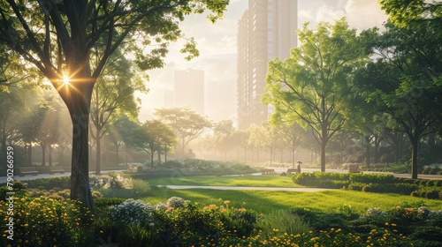 Morning sunlight filters through the lush trees of an urban park, creating a peaceful haven within the city's hustle.