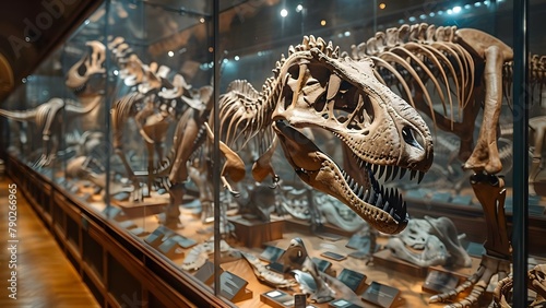 Timeless Echoes of the Jurassic - Dinosaur Gallery Display. Concept Dinosaur skeletons, Jurassic era, Paleontology, Museum exhibit, Prehistoric creatures