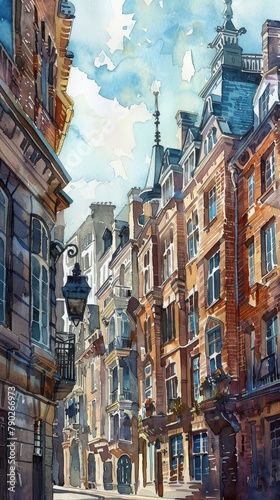 Watercolor representation of a classic European street, showcasing detailed architecture and cobblestone charm under a clear blue sky.