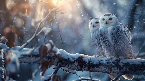 A pair of enchanting snowy owls perched on weathered tree branches, their piercing yellow eyes gleaming with intelligence and wisdom as they survey their snowy domain with a sense of quiet majesty. photo