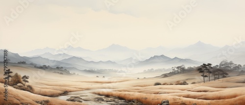 A vast, empty plain with a few trees and mountains in the distance. The sky is hazy and there is a river running through the middle of the plain.