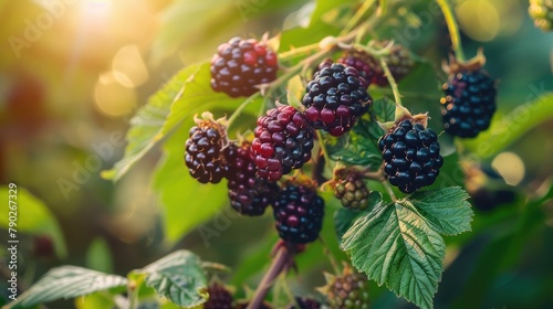 A bunch of ripe blackberry fruits on a branch with green leaves. Beautiful natural background