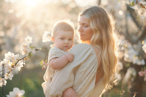 Woman mother holds hugs adorable baby at nature blossom, Mother's Day concept.