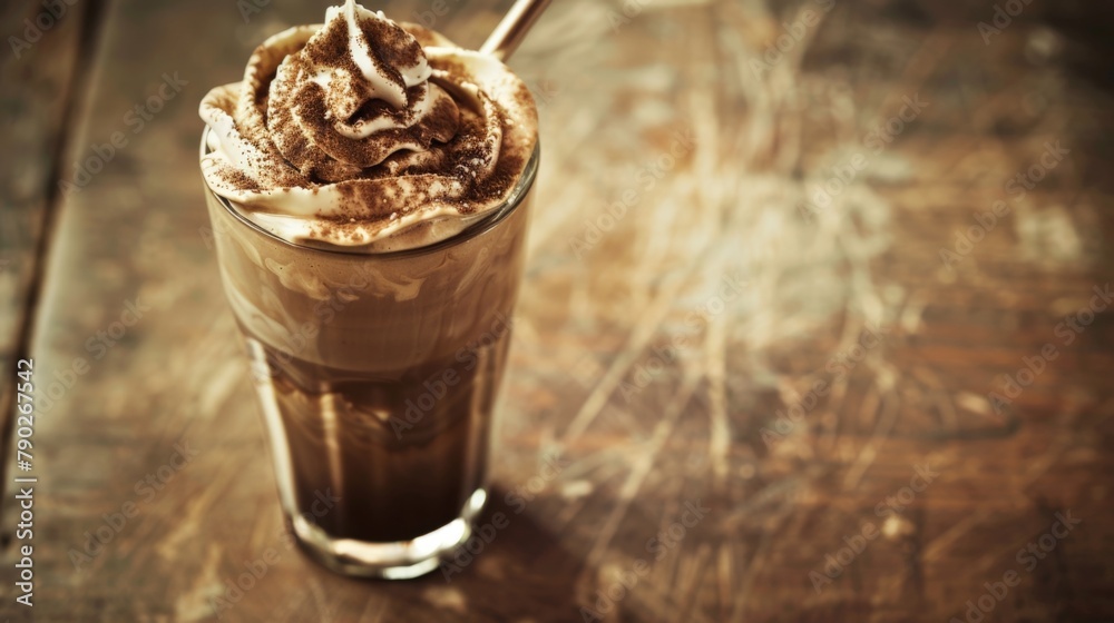 Chocolate milk glass with straw and spoon Chocolate milk glass with straw and spoon