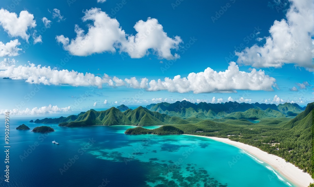 Beautiful tropical island with clear blue water and white clouds in the sky