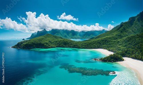 Beautiful tropical island with clear blue water and white clouds in the sky © Wirestock
