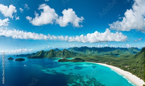 Beautiful tropical island with clear blue water and white clouds in the sky