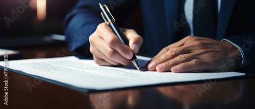 A person signing a document with a fountain pen. photo