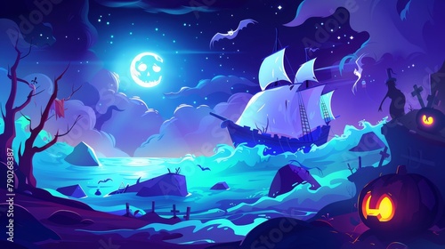 Landing page with ghost ship and haunted sailing boat glowing and soaring over night sea with sticking rocks. Halloween filibuster adventure on secret island.