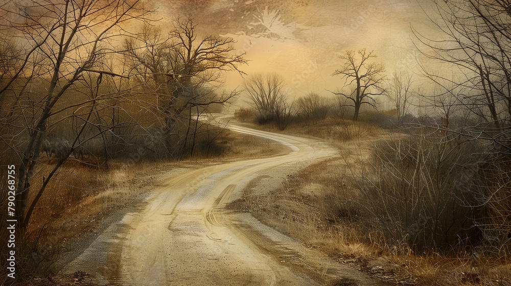 A winding road disappearing into the distance, bordered by barren trees, capturing the essence of solitude