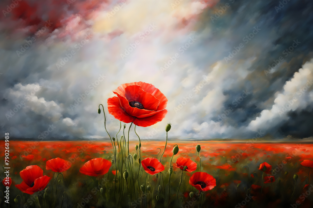 Obraz premium Oil painting rural scene with a red poppies field. Colorful rural landscape with dramatic sky. Summer landscape.