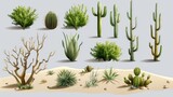 The set includes a cactus, brown dust clouds, and tumbleweed, dried weed balls isolated on gray background. Modern realistic set of flow sand, plants from the desert, rolling dry bushes, old tumble