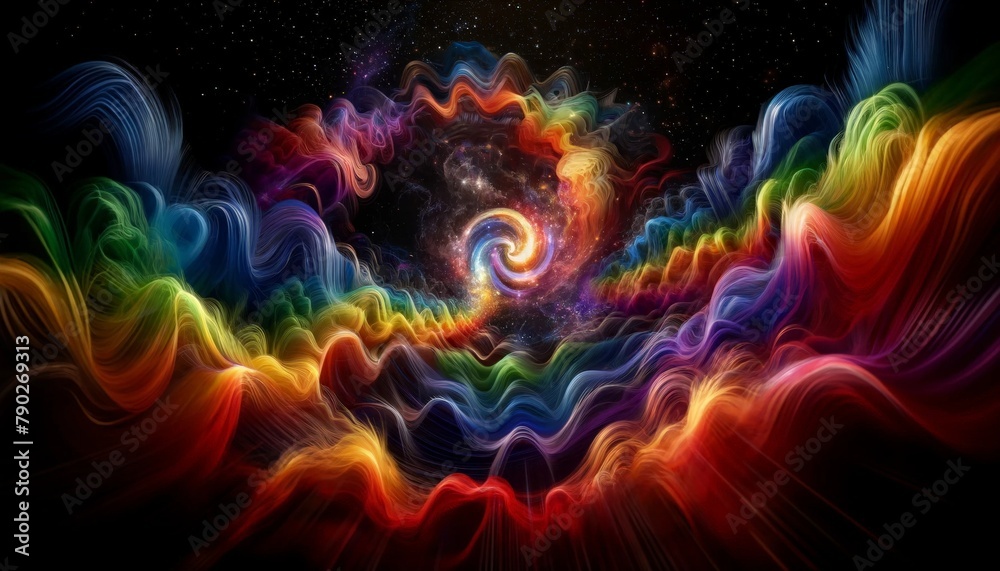 Vivid Colors Merge to Craft an Enchanting Sound Wave Symphony. A celestial canvas adorned with swirling spectral colors, harmonizing to shape a captivating sound wave spectacle.