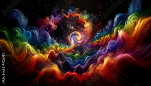 Vivid Colors Merge to Craft an Enchanting Sound Wave Symphony. A celestial canvas adorned with swirling spectral colors, harmonizing to shape a captivating sound wave spectacle. © Mulyadi Lim