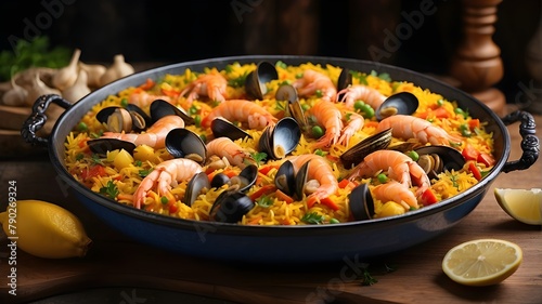 A photorealistic depiction of a traditional Spanish paella dish served in Seville. The dish should include a vibrant mix of seafood, rice, vegetables, and saffron-infused broth, presented in an authen photo