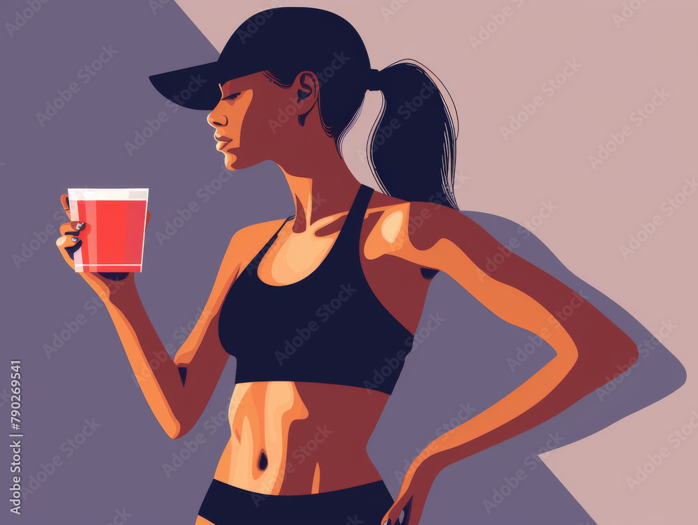 Illustration of a fit woman holding a drink, wearing a sports bra and cap, with a stylized shadow. Illustration of a fit woman holding a drink, wearing a sports bra and cap, with a stylized shadow.