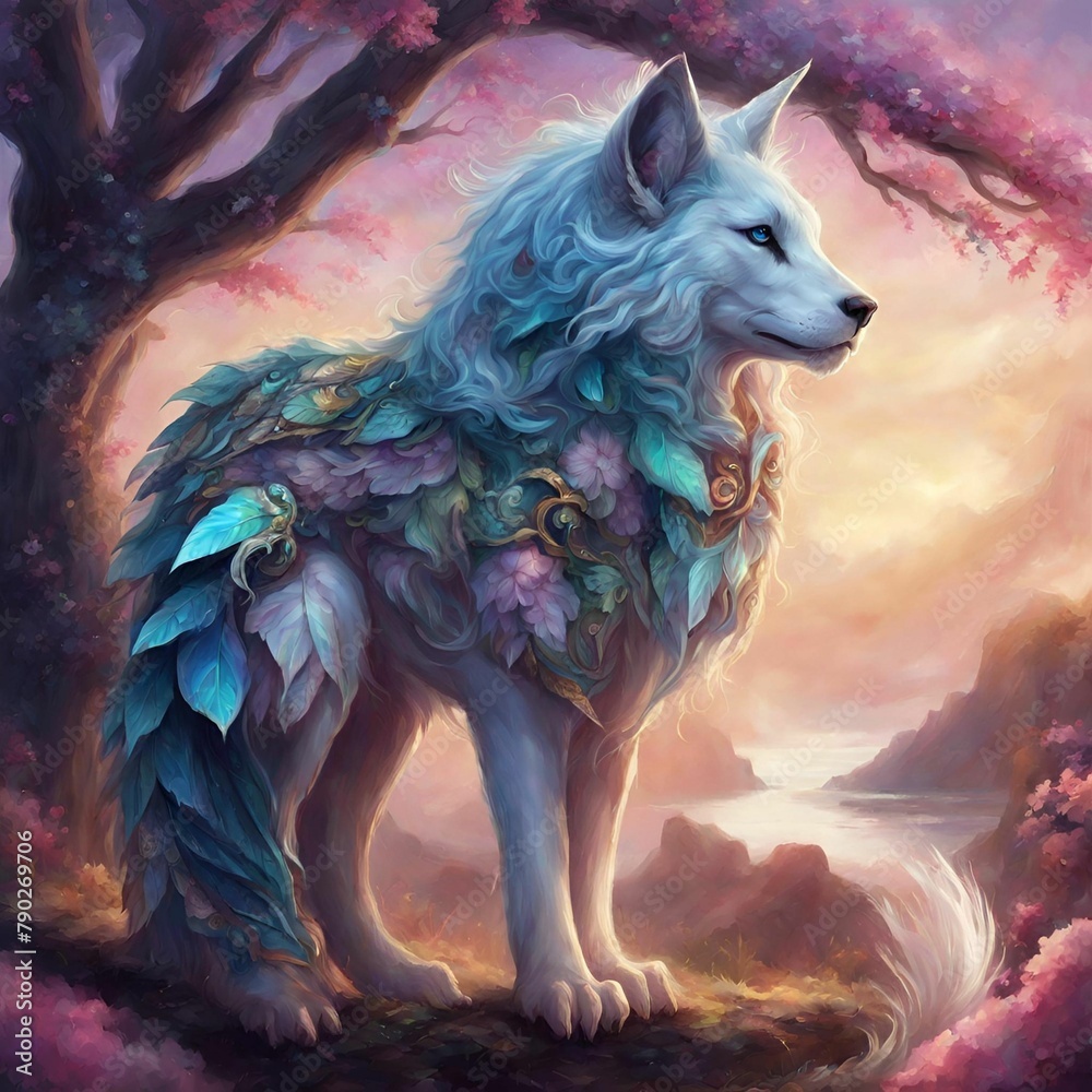 Fototapeta premium A beautiful white wolf was beside the tree.