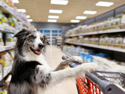 Portrait border collie dog with a shopping cart or trolley on grocery, super maket or pet store